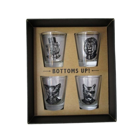 SpitfireGirl Animal Menagerie Shot Glass Set Four New Cat Fox Bear Lion